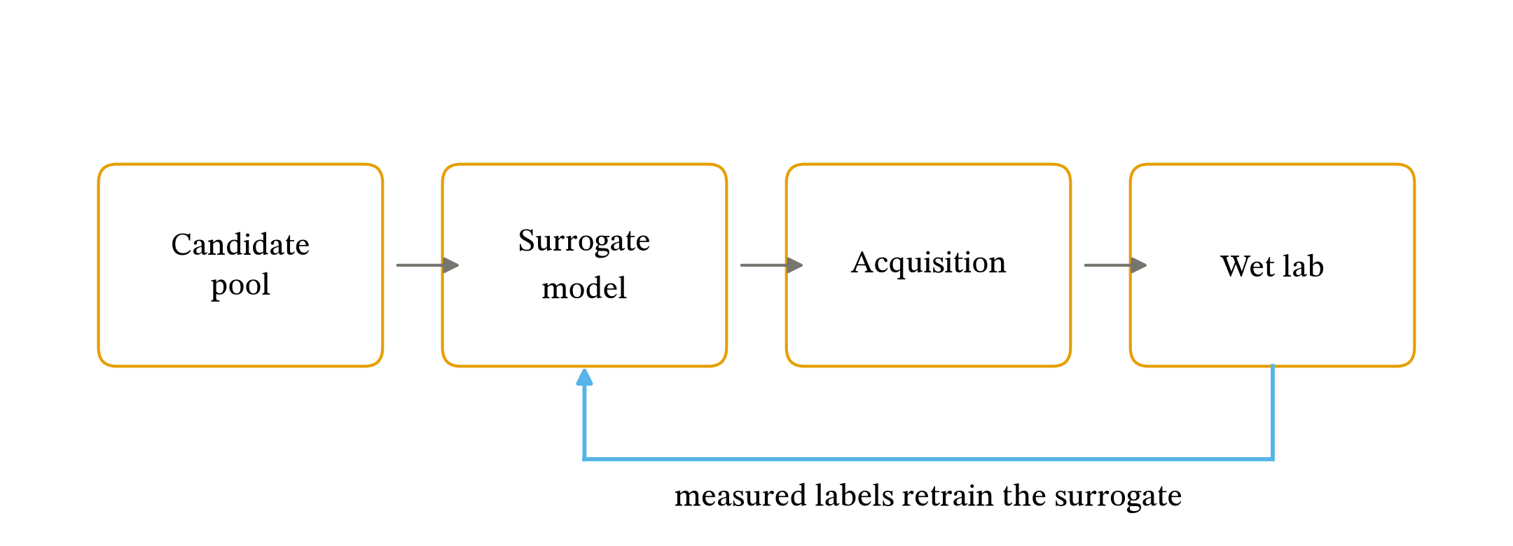 A four-stage active learning loop: a candidate pool feeds a surrogate model, an acquisition function ranks its predictions, and the top candidates go to the wet lab. Measured labels return from the wet lab to retrain the surrogate.